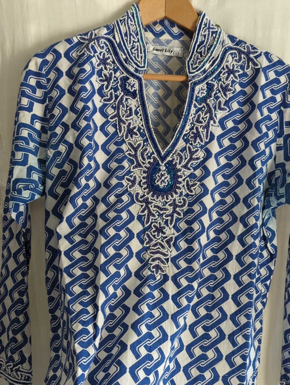 🤍💙🤍 Gorgeous Resortwear Sweet Lily Beaded Blue White 100% Cotton India  S